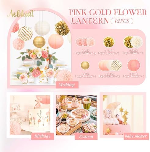 AOBKIAT Pink Gold Party Decorations Set-18 Tissue Paper Pom Poms & 6 Paper Lanterns & 3 Paper Garland Strings for Wedding,Baby Shower,Birthday Party Backdrop & Ceiling Decor - Image 5