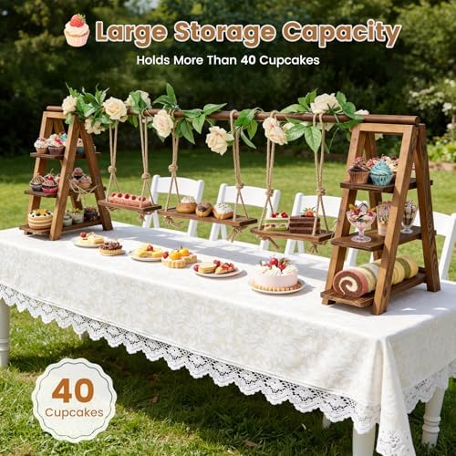 3 Tier Wooden Cupcake Stand with Swing & Flower Decor for Cake Fruit Snack - Image 5