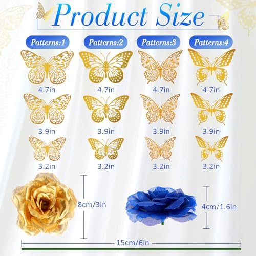 296 Pcs Artificial Roses Silk Flowers 3D Butterflies, Blue, Gold - Image 2