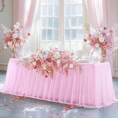 Pink Tulle Tablecloth for 8 Foot Rectangle Table, Light Pink Tulle Tables Skirt Cover 8ft Banquet Wedding Table Cloths Baby Shower Tutu Ruffle Tables Skirt Cloth for Party Bridal Shower - Image 4