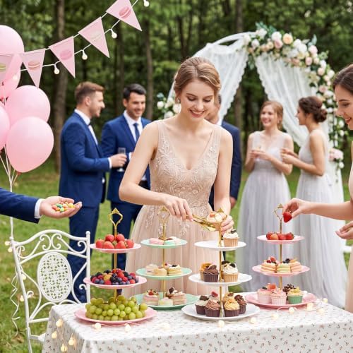 8 Pcs 3 Tier Serving Tray Cupcake Stand, Round, White, Pink, Green - Image 5