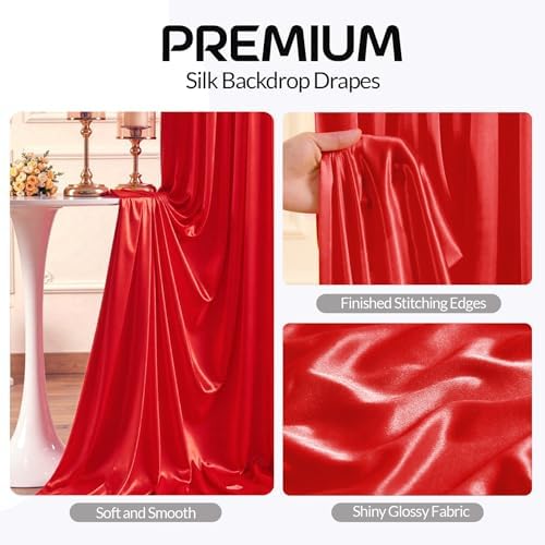 Red Satin Backdrop Curtains 6 Panels - Glitter Photo Drapes for Baby Shower, 30x10FT Shimmer Back Drop Cloth, Wrinkle Free for Birthday Party Prom Holiday Stage Background - Image 2