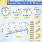 LemonRoad 452 Pcs God Bless Baptism Party Decoration Boy for 50, Baptism Confirmation Paper Plate Napkin Cup Tablecloth Cutlery Straw Tableware for Christening Baby Shower Party Supply - Image 3