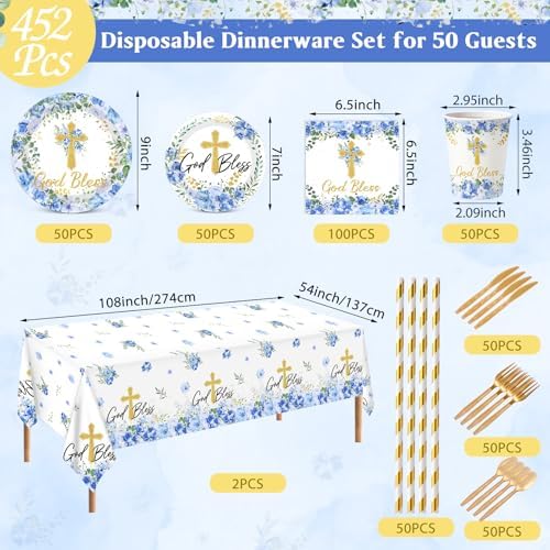 LemonRoad 452 Pcs God Bless Baptism Party Decoration Boy for 50, Baptism Confirmation Paper Plate Napkin Cup Tablecloth Cutlery Straw Tableware for Christening Baby Shower Party Supply - Image 3