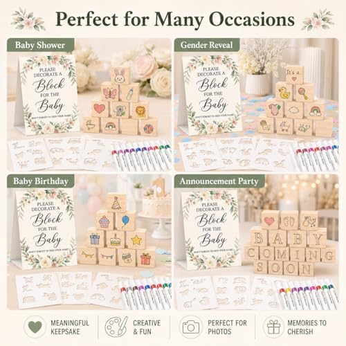 117 Pcs Baby Shower Blocks to Decorate Game Kit, 52 Wooden Baby Blocks for Baby Shower Games, 24 Acrylic Markers, 10 Stencils, Game Sign, DIY Baby Shower Activity & Gender Reveal Decor, Floral - Image 4