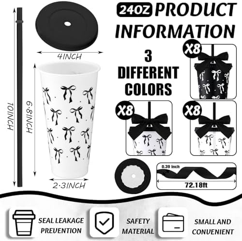 Skylety 24 Pcs Black Bow Plastic Cups with Lid Straw and Ribbon - Image 2