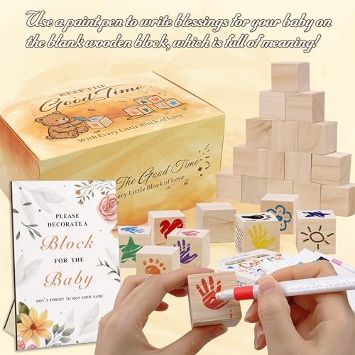 77 PCS Shower Games Sign Kit, 1 Wooden Game Sign, 52 Blank Wooden Blocks for DIY Drawing, 24 Markers, Shower Game for Gender Reveal Activity, Shower Ideas Decorations - Image 4
