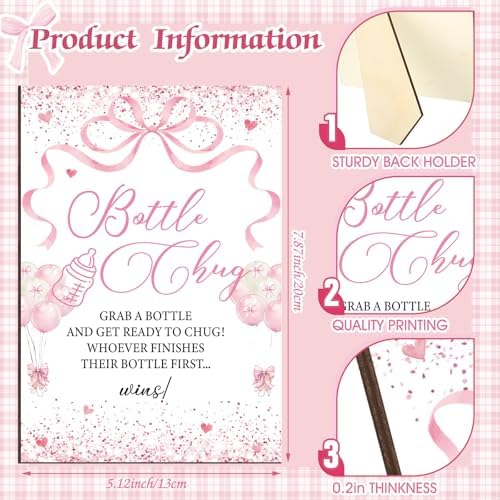 Trelaco 12 Pcs Pink Bow Themed Baby Shower Game Bottle Chug Wooden Sign Set - Image 3