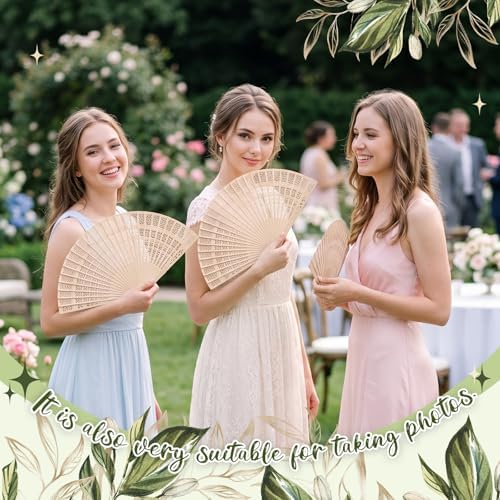 50 Sets Wooden Wedding Fans Sandalwood Handheld Folding Fans with Ribbon Thank You Tag for Wedding Guests Baby Shower Birthday Bridal Gifts Party Favors (Green,Leaf) - Image 5