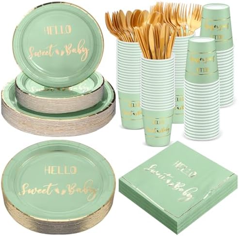 400 Pcs Baby Gender Reveal Plates and Cups and Napkins Sets with Forks Spoon Party Supplies Baby Shower Paper Tableware Gender Reveal Decorations Disposable Cutlery, Serves 50(Green,Hello Sweet) by Yungyan