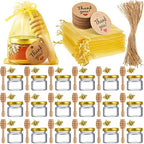 50 Pcs 1oz Small Glass Jars with Lids Mini Honey Jars with Wood Dipper, Bee Charms, Golden Gift Bags, Jutes, and Tags with Golden Lids for Baby Shower, Wedding, and Party Favors by Gueevin