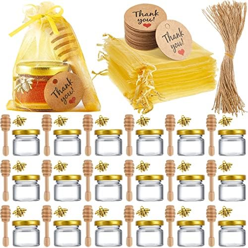 50 Pcs 1oz Small Glass Jars with Lids Mini Honey Jars with Wood Dipper, Bee Charms, Golden Gift Bags, Jutes, and Tags with Golden Lids for Baby Shower, Wedding, and Party Favors by Gueevin