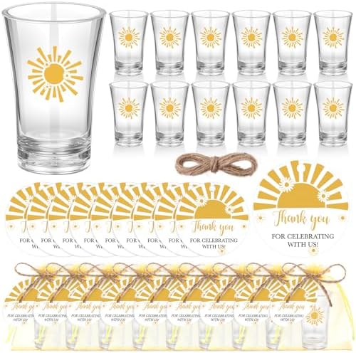 Funnymoom 50 Sets Sun Party Favors Sunshine Shot Glasses Baby Shower Party Decorations Acrylic Clear Shot Glasses Thank You Tags with Organza Gift Bag by Funnymoom
