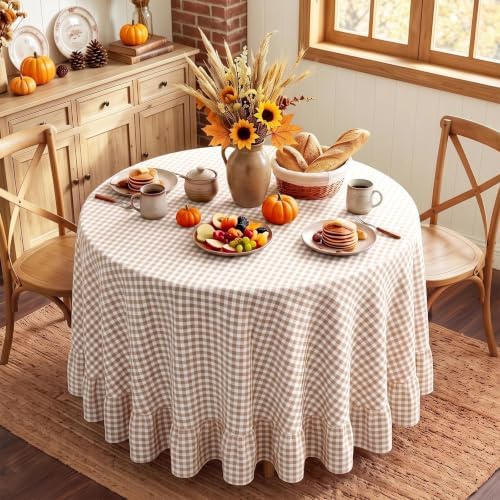 Eternal Beauty Gingham Ruffled Tablecloth Brown Taupe White 70 Round Fall by EternalBeauty