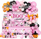 Pink Halloween Baby Shower Decorations Girl, All-in-1 A Little Boo is Almost Due Baby Shower Decorations with Balloon Arch Kit Baby Boxes Plates Napkins Cake Toppers Tablecloth Backdrop Spooky Decor by Juweked