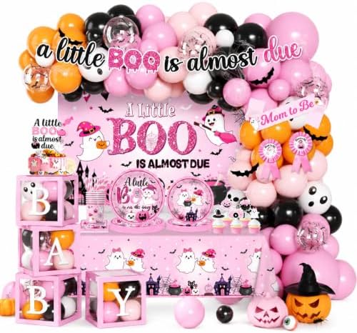 Pink Halloween Baby Shower Decorations Girl, All-in-1 A Little Boo is Almost Due Baby Shower Decorations with Balloon Arch Kit Baby Boxes Plates Napkins Cake Toppers Tablecloth Backdrop Spooky Decor by Juweked