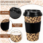 Whaline 50Pcs 16Oz Cheetah Print Leopard Party Disposable Coffee Cups with Lids and Sleeves Jungle Safari Leopard Paper Drinking Cup for Birthday Baby Shower Party Supplies - Image 3