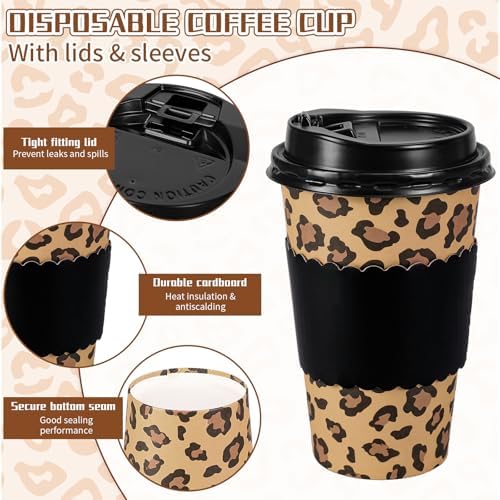 Whaline 50Pcs 16Oz Cheetah Print Leopard Party Disposable Coffee Cups with Lids and Sleeves Jungle Safari Leopard Paper Drinking Cup for Birthday Baby Shower Party Supplies - Image 3