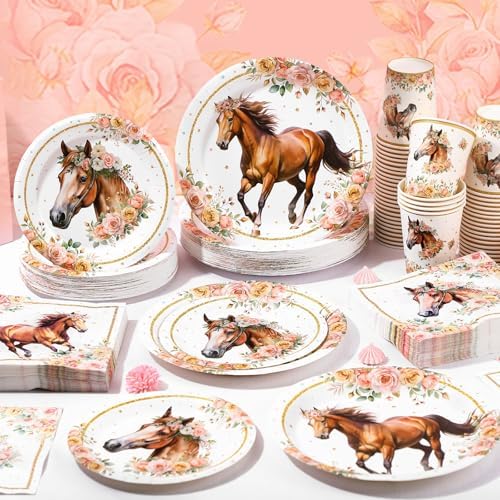 Pickmesh 250 Pcs Horse Birthday Party Decorations Pink Floral Cowgirl Disposable Tableware Set Cowboy Paper Plates Napkins Cups for Western Wedding Bachelorette Fairy Baby Bridal Shower Party Serve 50 - Image 6
