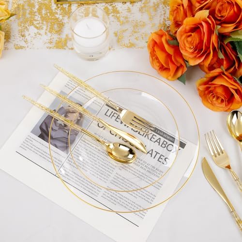 Liacere 150PCS Clear Gold Plastic Plates - Gold Plastic Silverware with Glitter Handle - Clear Disposable Plates Include 30 Guests Plates, Forks, Spoons, Knives for Wedding & Party - Image 6