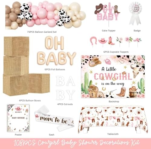 Costova Cowgirl Baby Shower Decorations - 108PCs A Little Cowgirl is On The Way Party Supplies with Backdrop, Balloon, Tablecloth, Sash and Badge for Western Wild West Rodeo Girl - Image 2