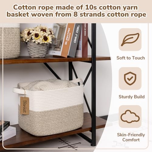 Goodpick Woven Storage Basket, Cotton Rope Basket for Dog Toys, Books, Stylish Gift Basket with Handles, 13 x 10 x 9 Inches Square Baskets for Organizing, Brown and White (Pack of 3) - Image 5