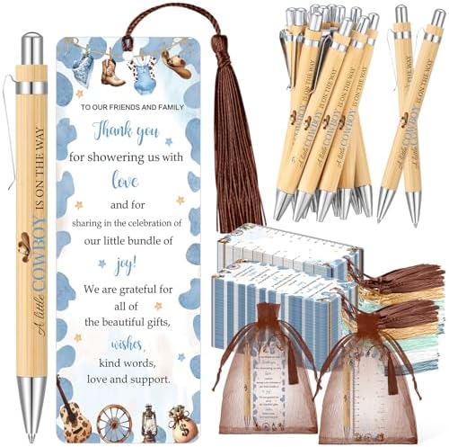 Gilprop 50 Sets Baby Shower Favors for Guests Includes 50 Baby Shower Ballpoint Pens 50 Thank You Bookmarks 50 Organza Bags for Gender Reveal Gifts Guest Prizes(Cowboy,Blue) by Gilprop