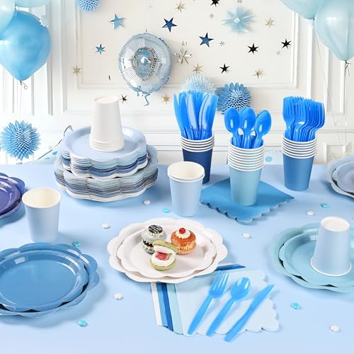 350 Pcs Blue Party Supplies Set - Blue Paper Plates and Napkins Set Include Gradient Blue Scalloped Paper Plate Napkin Cup Spoon Fork Knife for Birthday, Baby Shower, Wedding Forest Events - Image 5