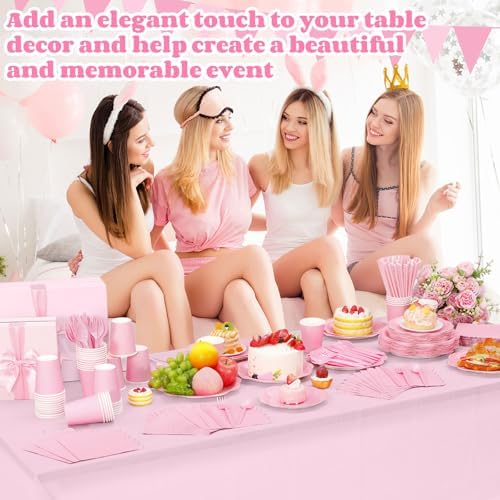 Funnymoom 452 Pcs Pink Party Supplies for 50 Guests, Light Pink Scalloped Paper Plates Napkins Cups Plastic Tablecloth Cutlery Straws for Baby Bridal Shower, Birthday Wedding Party Decoration - Image 5