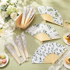 Briwooody 48 Set Eucalyptus Leaf Hand Folding Fans with Organza Bags Bulk Greenery Wedding Favors for Guests Boho Green Leaf Paper Fan for Bridal Shower Supplies Bridesmaid Gifts Party Decorations - Image 4