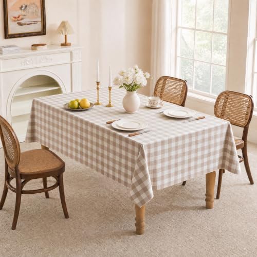 Gingham Tablecloth Rectangle Table, Cotton Linen Fabric Picnic Checkered Table Cloth Farmhouse Washable Wrinkle Free Buffalo Plaid Table Cover for Outdoor Birthday Party, Beige, 60x90 - Image 3