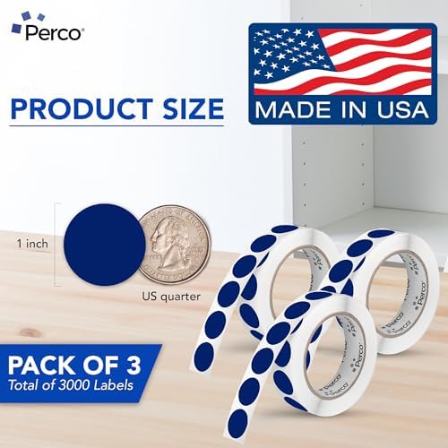 Perco Dark Blue Perforated Round Circle Dot Sticker 1-Inch Labels — 3 Rolls, 3,000 Stickers - File Labels, Category Tags & Inventory Systems, Strong Adhesive - Made in USA - Image 2
