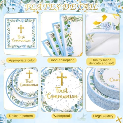 Ceenna 452 Pcs First Communion Party Decoration Boy for 50, Blue Baptism Paper Plate Napkin Cup Tablecloth Cutlery Straw God Bless Disposable Tableware for Christening Religious Baby Shower Supplies - Image 2