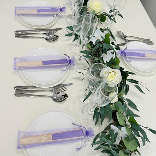 50pcs Paper Hand Fan with Organza Bags Bamboo Handheld Folding Fan DIY Decorative Wedding Party Favors (Light Purple) - Image 3