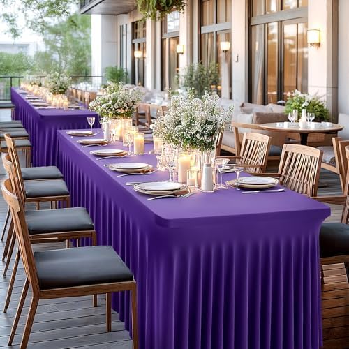 Wish Care 2 Pack Dark Purple Spandex Table Clothes for 8 Foot Rectangle Tables, 8FT Wrinkle Free Fitted Tablecloths Ruffles Design Table Cover for Party, Banquet, Wedding and Events - Image 6