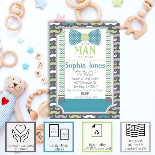 Custom Baby Shower Invites Little Man Baby Shower Invitation 20 5x7 Custom Personalized Little Boy Bow Tie Mustache Invites With Envelopes - Unique Mustache and Bowtie Cards - Image 2