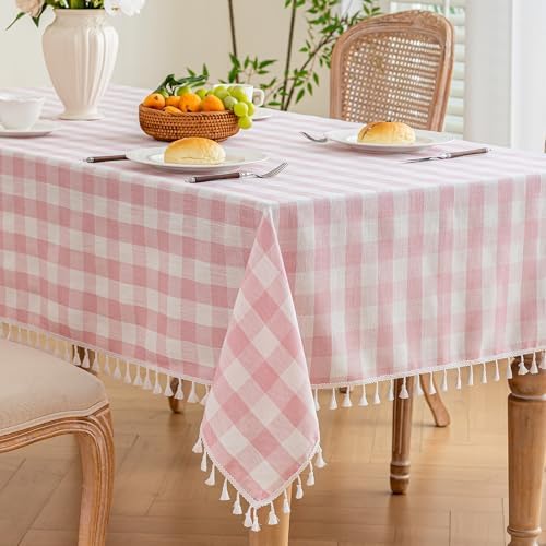 Pink Gingham Tablecloth Rectangle, Cotton Linen Plaid, 55x106 Inch - Image 3