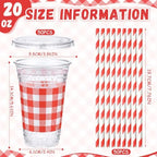 Funnymoom 50 Sets 20 oz Red Gingham Plastic Cups with Lids and Paper Straws - Image 2