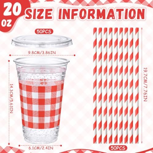 Funnymoom 50 Sets 20 oz Red Gingham Plastic Cups with Lids and Paper Straws - Image 2