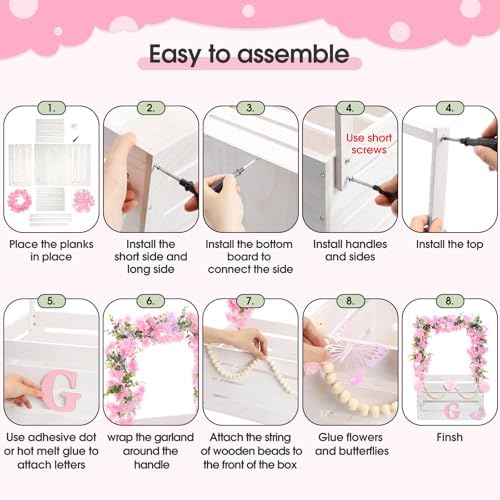Juexica Wooden Baby Shower Crate Closet Baby Basket with Handle Box with Butterfly Eucalyptus Garland Bead Artificial Flowers Large Letter for Pregnancy New Parent Gift(White) - Image 4
