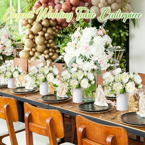 6 Sets Artificial Peonies Flower Peony Bouquet with Galvanized Metal Pot Silk Fake Peonies Faux Flower Arrangements for Wedding Table Centerpiece Party Home Room (White) - Image 4