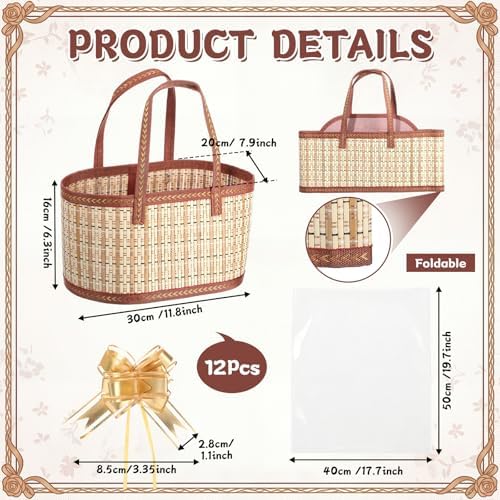 Reallnaive 12 Set Gift Basket Empty Woven Bamboo Storage Baskets with Clear Gift Bags Pull Bows Ribbon Foldable DIY Gifts Basket Kit with Handle for Baby Shower Housewarming - Image 2