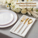 DaYammi 150Pcs Gold Plastic Plates with Disposable Silverware,White Gold Disposable Dinnerware Set - 30 Dinner Plate,30 Dessert Plate,90 Gold Cutlery with White Handles,Fancy Plates for Party Wedding - Image 2