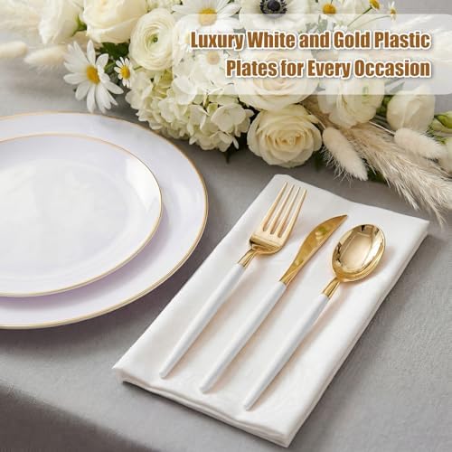 DaYammi 150Pcs Gold Plastic Plates with Disposable Silverware,White Gold Disposable Dinnerware Set - 30 Dinner Plate,30 Dessert Plate,90 Gold Cutlery with White Handles,Fancy Plates for Party Wedding - Image 2