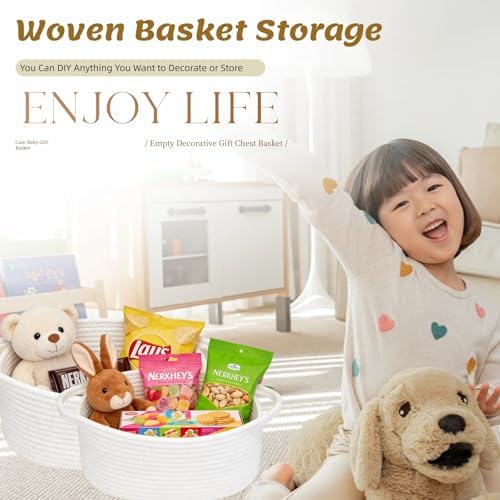 9Pcs Baskets for Gifts Empty with Gift Bags and Ribbons, Small White Cute Woven Cotton Rope Basket, for Easter Mother's Day, Baby Nursery Room Shelf Storage Toy Pet Organizer to Fill, 12 x 8 x 5 inch - Image 2