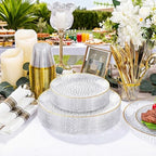 Rubtlamp 700Pcs Gold Plastic Dinnerware Set, Hammered Clear Gold Plates, Fancy Plastic Plates Include 100 Dinner Platos,100 Salad Platos,100 Cups,100 Pack Pre Rolled gold plastic Silverware - Image 4