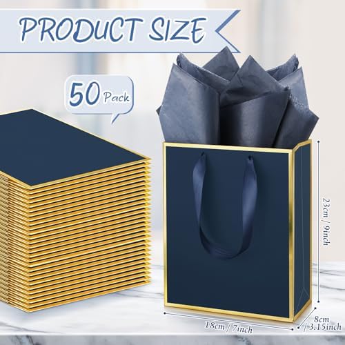 Yeaqee 50 Pcs Metallic Paepr Gift Bags Bulk with Handles,Navy Blue, Gold - Image 2