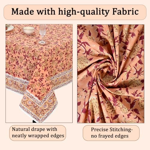 Ridhi Apricot Rosette Vine (Wine Red) Hand Block Print Cotton Rectangle Tablecloth 52x72 inch Reusable Table Cover Decorative Everyday Use for Dining Room, Farmhouse, Home Gift for Spring, Summer - Image 6