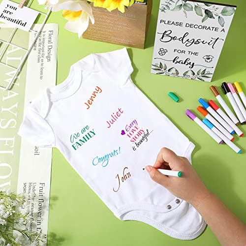 Handepo 26 Pcs Baby Shower Games DIY Bodysuit Set 1 Wooden Sign 15 White Bodysuits 10 Fabric Markers for Birth Decorating Kit(Green Leaves) - Image 5