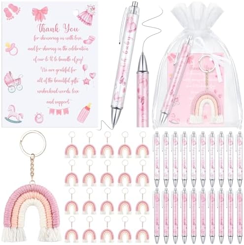 Halloscume 20 Girls and Boys Baby Shower Favors Gifts for Guests Baby Shower Pens Boho Keychain Thank You Cards for Gender Reveal Party Favor(Pink) by Halloscume